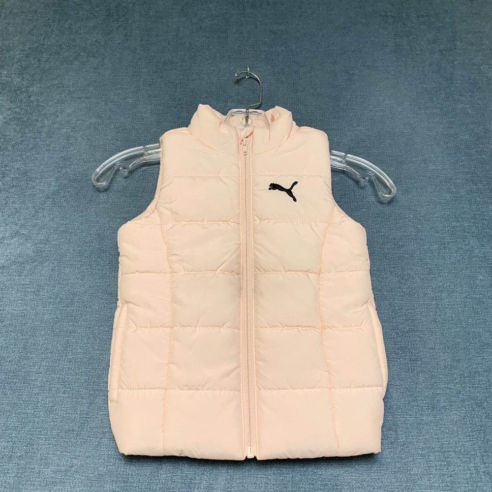 Puma Puffer Vest Girls 2XS 3/4Y Pink Down Logo Full Zip Mock Neck‎ Winter Wear